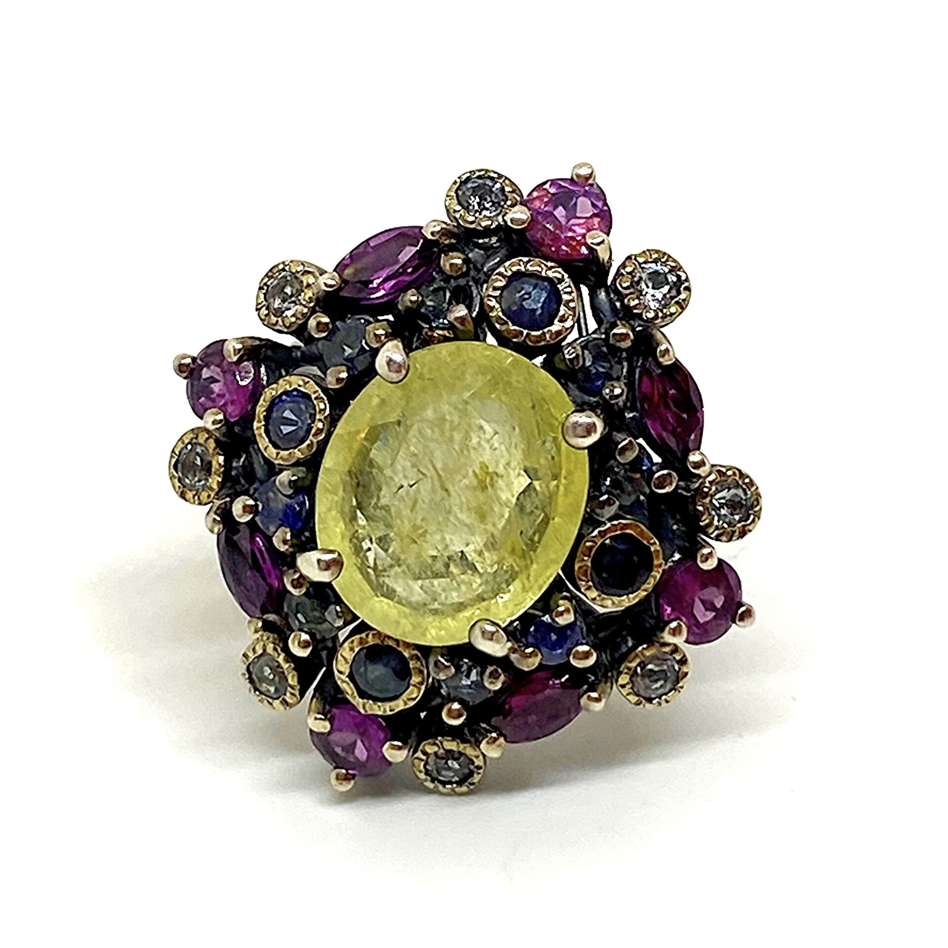 Precioso anillo con preciosos Granates, Topazios y Zafiros con un Zafiro Amarill - 5