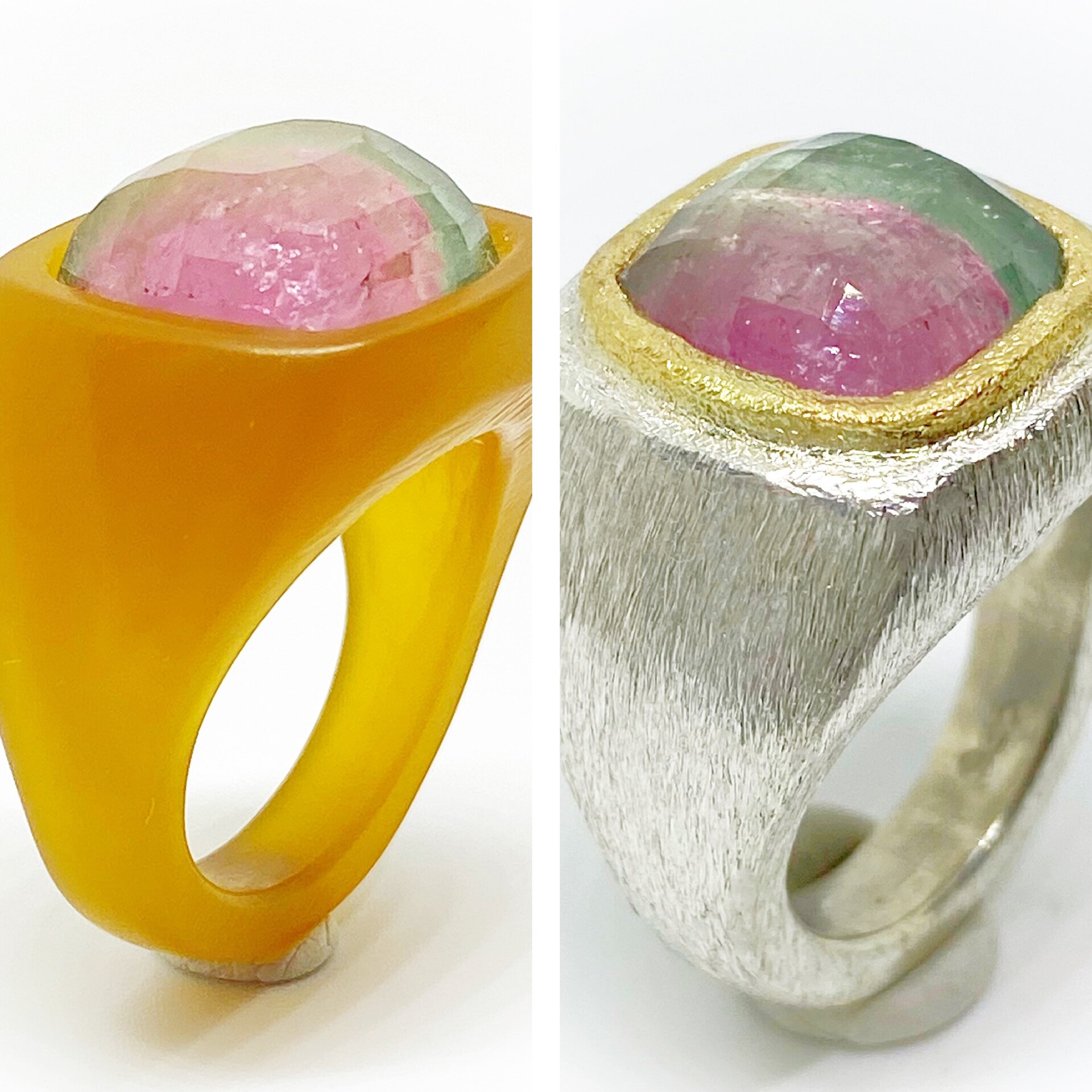 Magnífico anillo en Plata de Ley con boca en Oro de 18K y gran Turmalina bicolor - 6