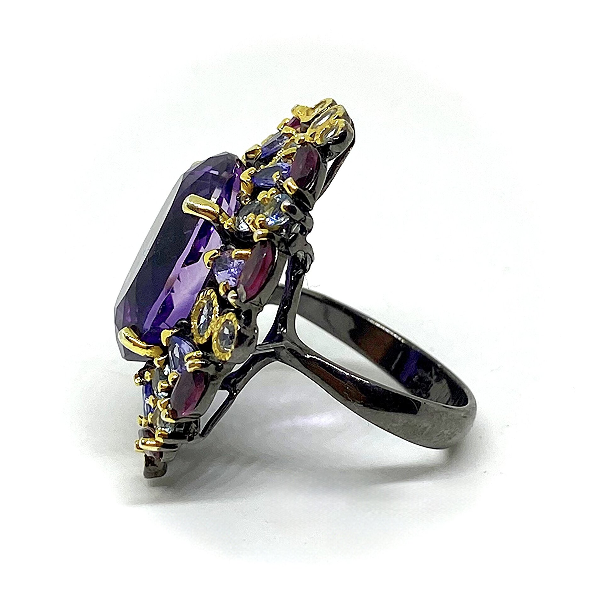 Precioso y enorme anillo con preciosos Granates Rodolitas, Topacios y Tanzanitas - 3