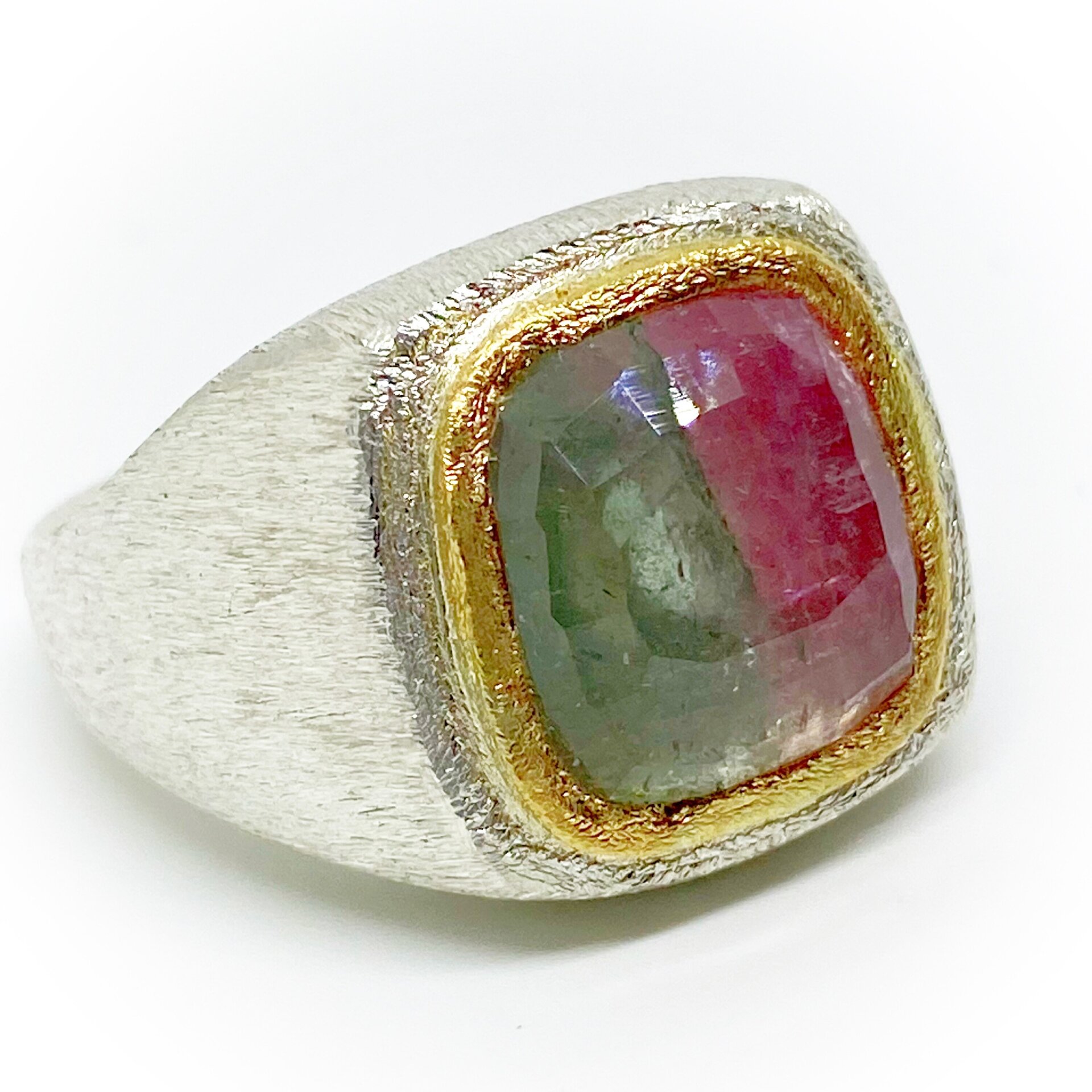 Magnífico anillo en Plata de Ley con boca en Oro de 18K y gran Turmalina bicolor - 5