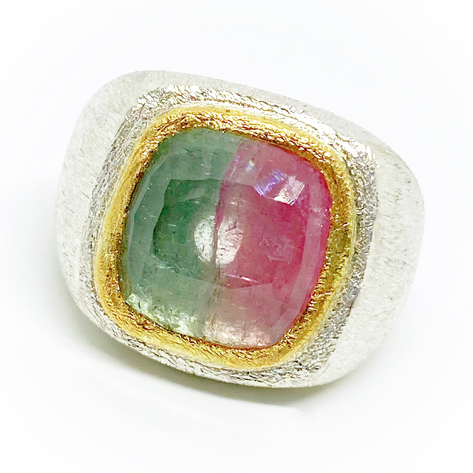 Magnífico anillo en Plata de Ley con boca en Oro de 18K y gran Turmalina bicolor - 3