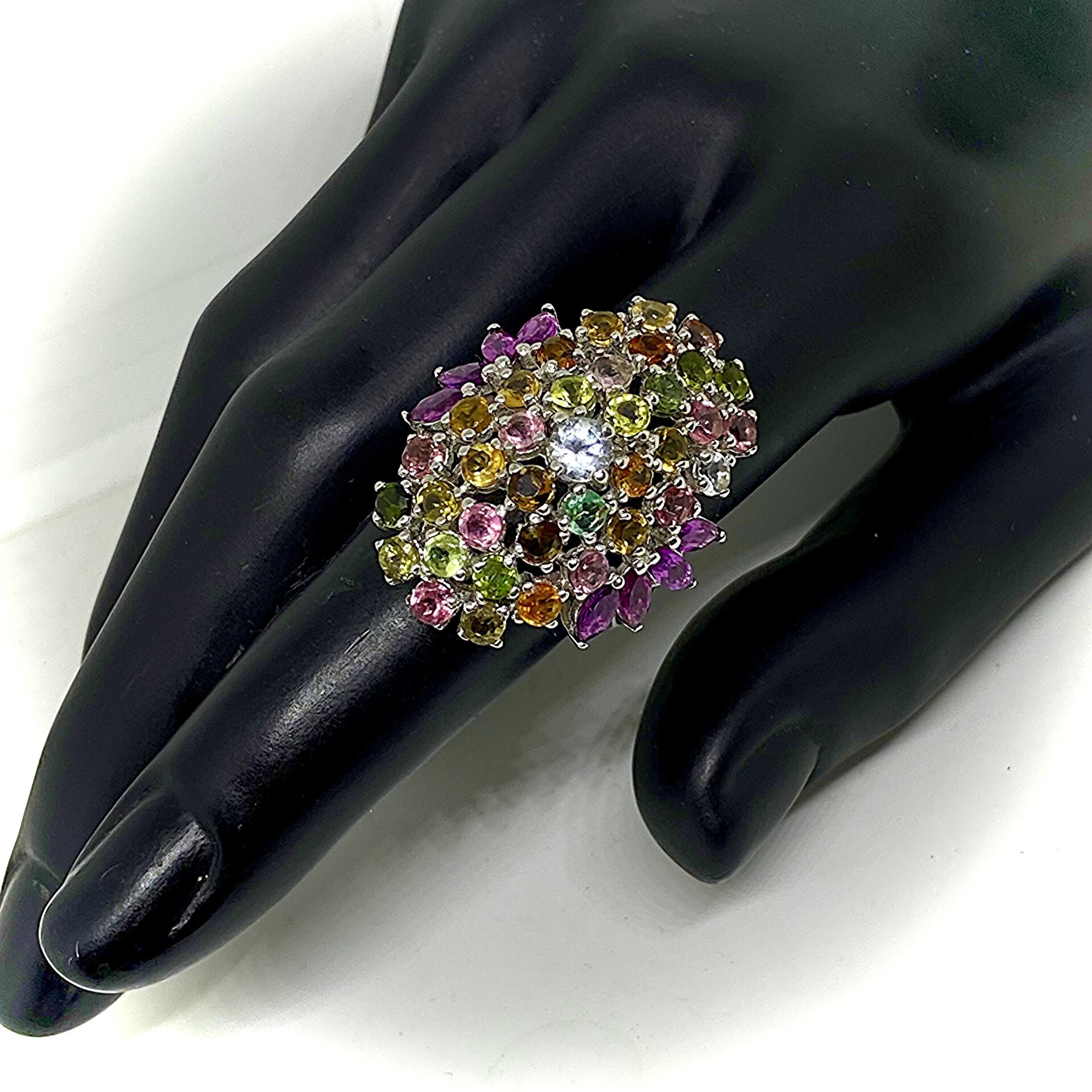 Extraordinario anillo con preciosas Turmalinas, Aguamarinas, Ametistas y Granate - 3