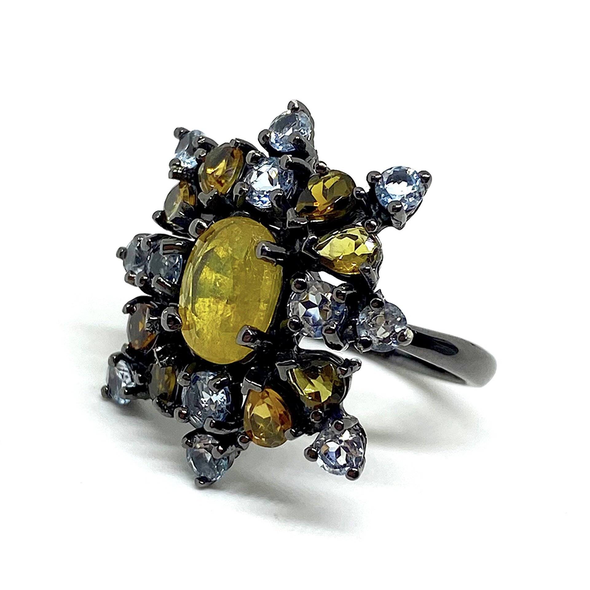 Exclusivo anillo con preciosas Turmalinas, Topazios y Zafiro amarillo centra - 6