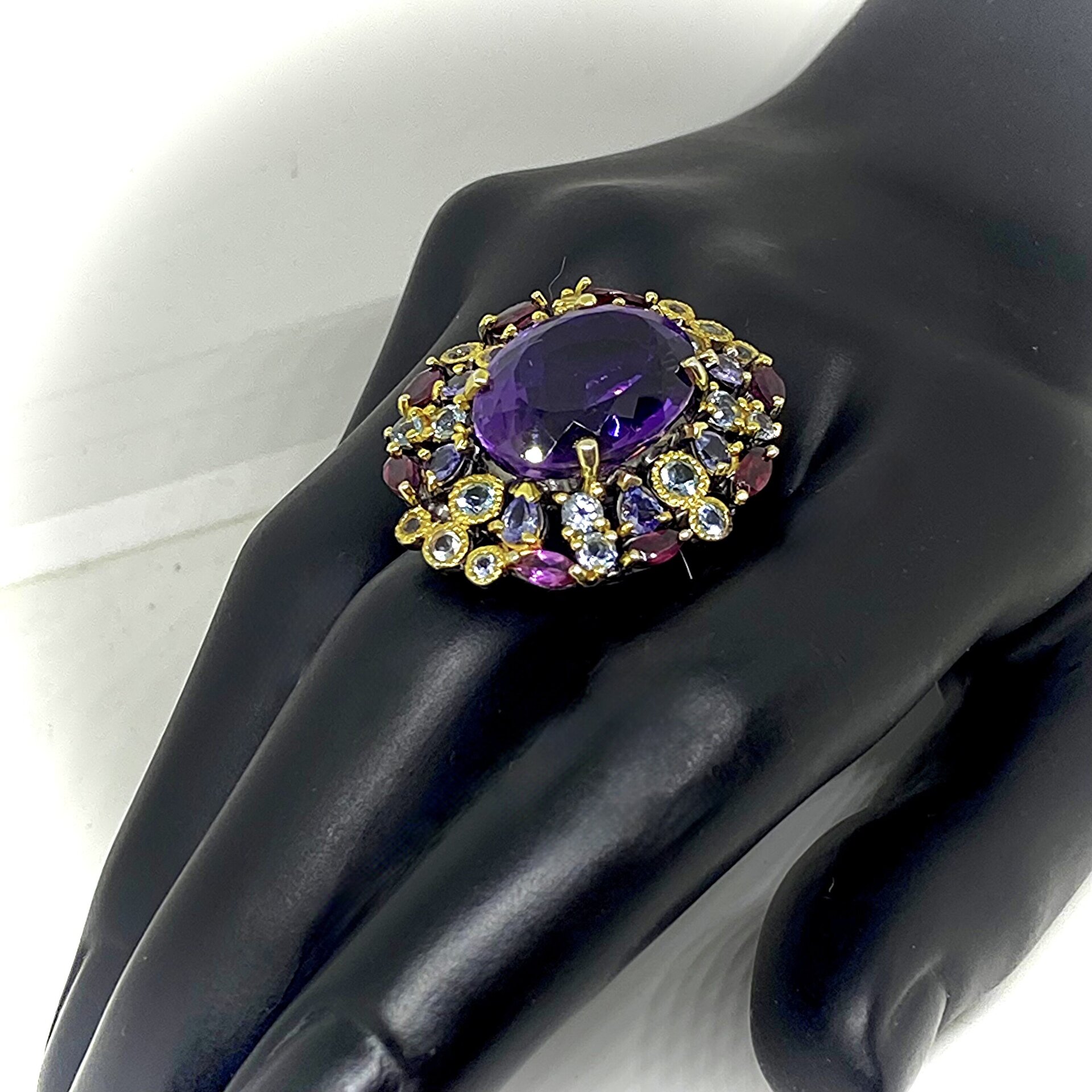 Precioso y enorme anillo con preciosos Granates Rodolitas, Topacios y Tanzanitas - 5