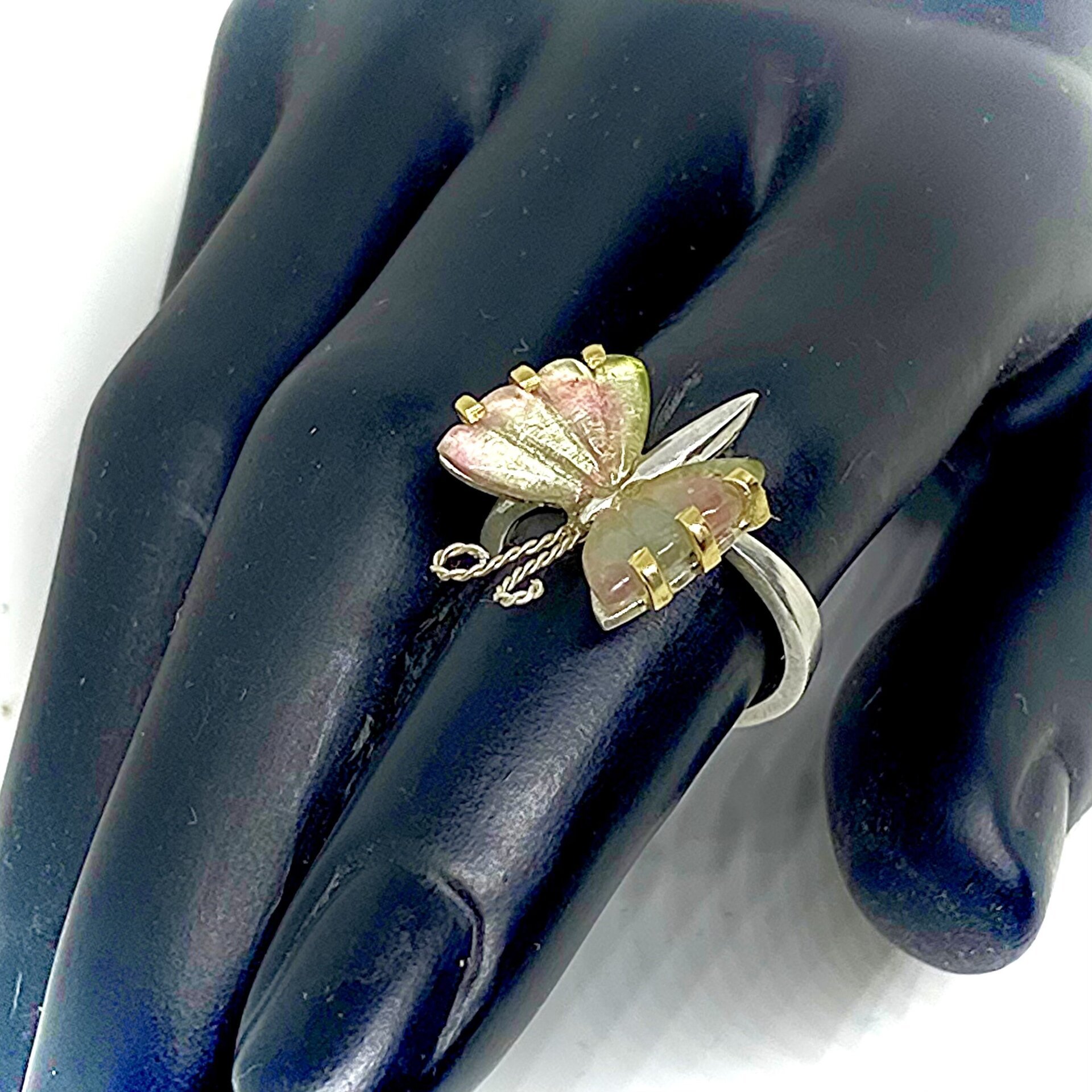 Extraordinario anillo Mariposa con magníficas Turmalinas bicolor - 6