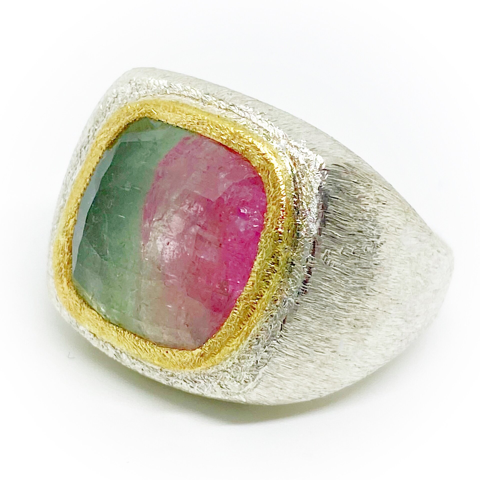 Magnífico anillo en Plata de Ley con boca en Oro de 18K y gran Turmalina bicolor - 4