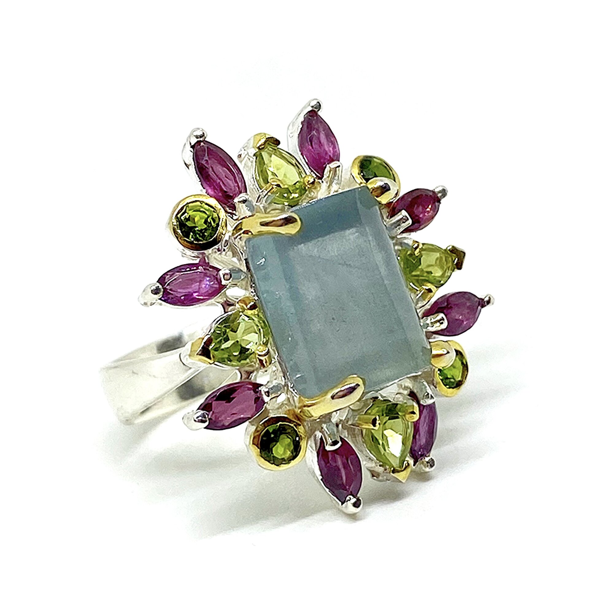 Precioso anillo con preciosa Aguamarina central de 12 mm x 9 mm en talla cabujón - 2