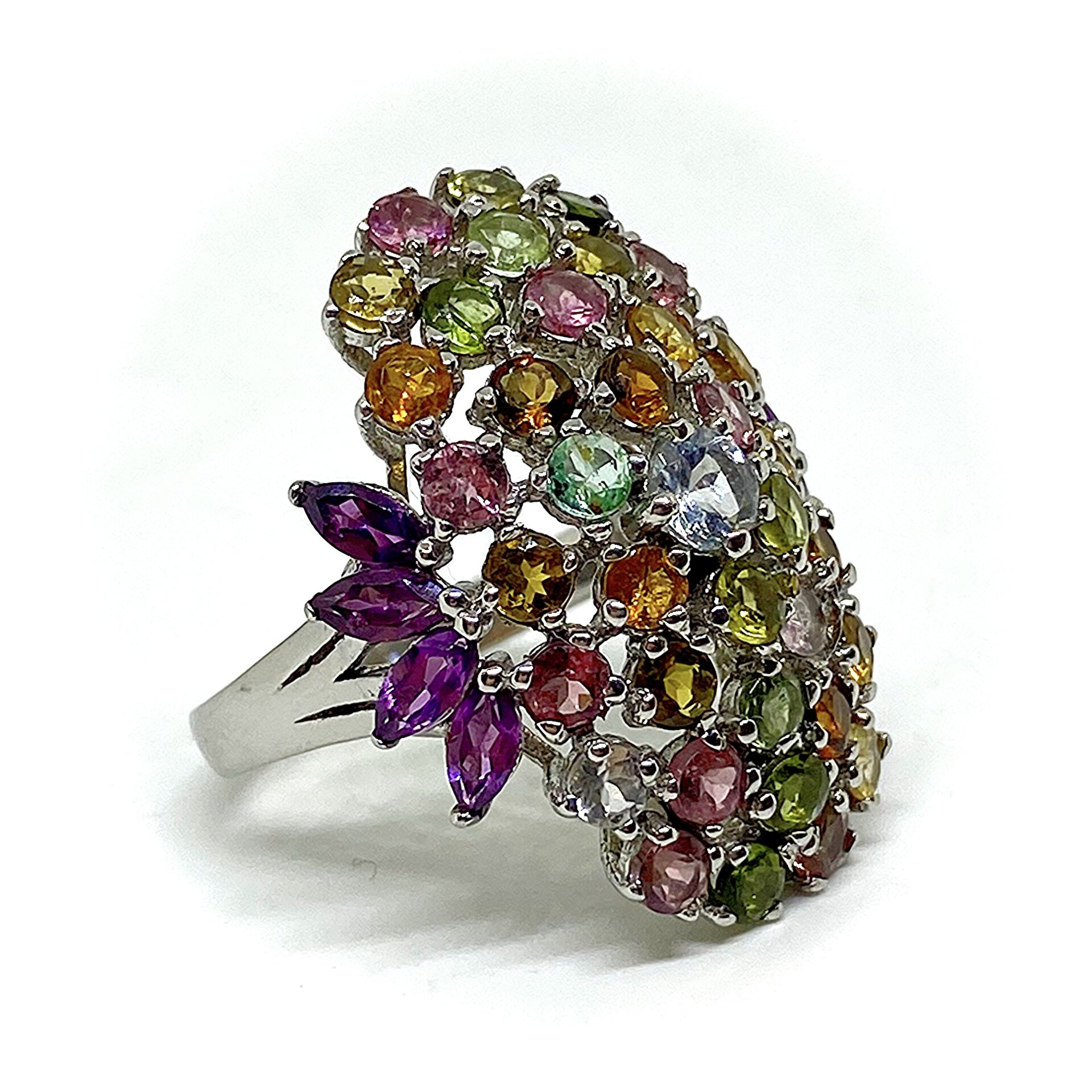 Extraordinario anillo con preciosas Turmalinas, Aguamarinas, Ametistas y Granate - 7