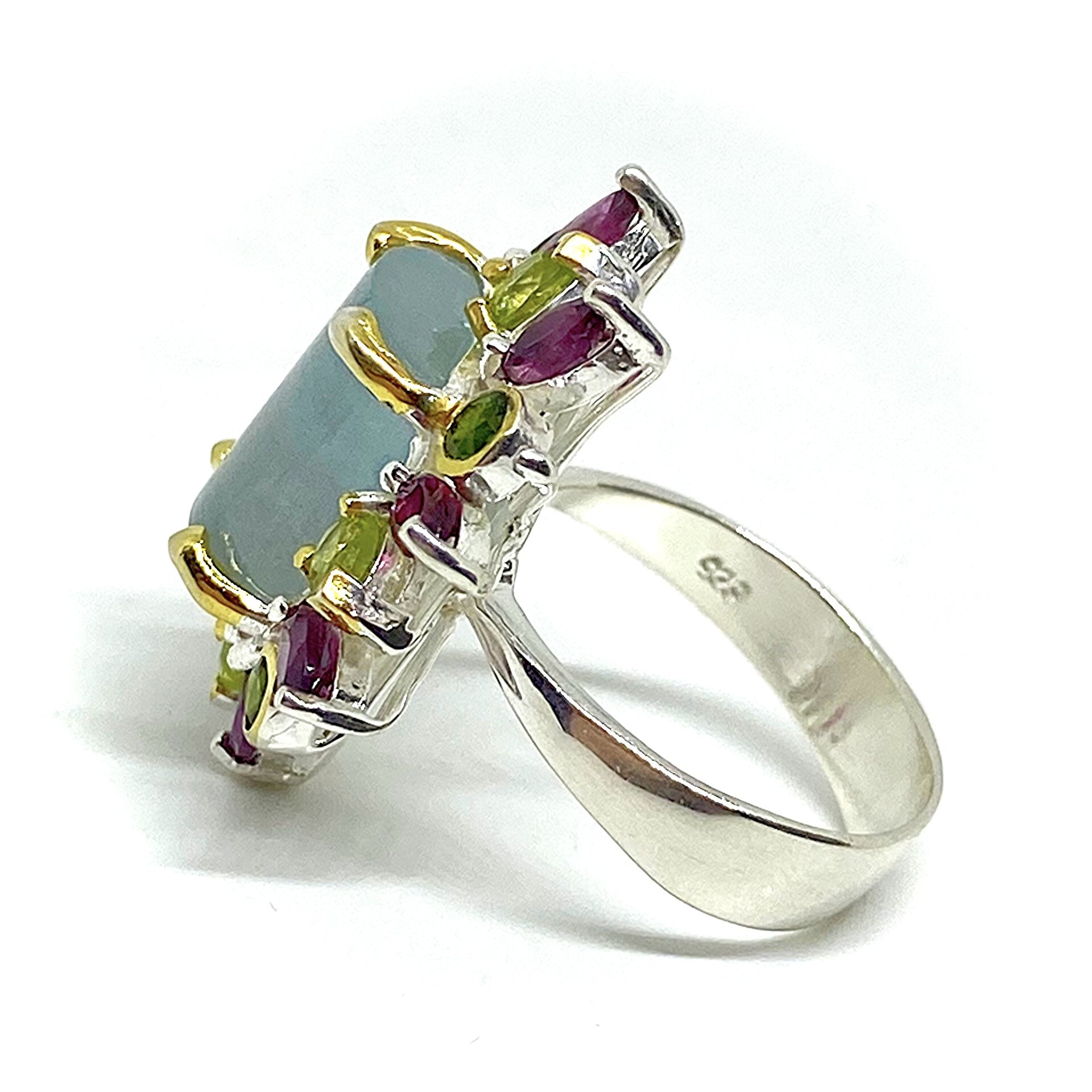 Precioso anillo con preciosa Aguamarina central de 12 mm x 9 mm en talla cabujón - 4