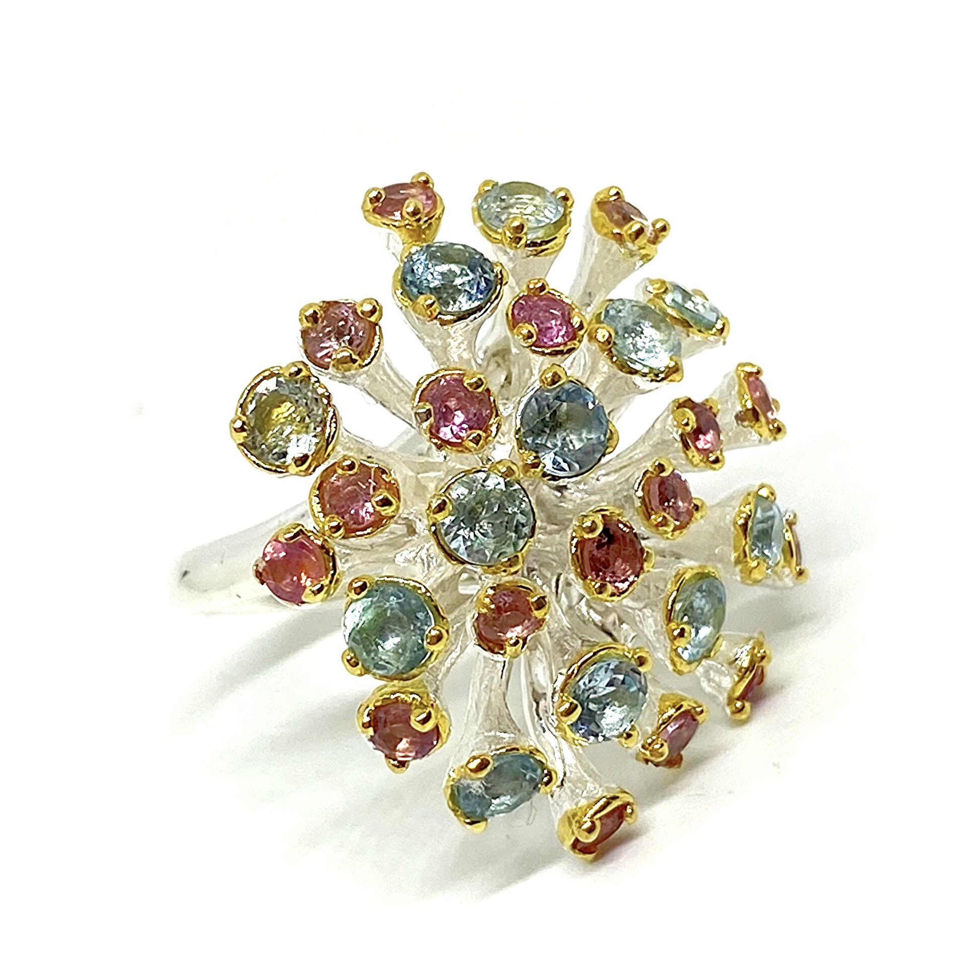 Precioso anillo con preciosas Turmalinas y Topacios azules. - 6