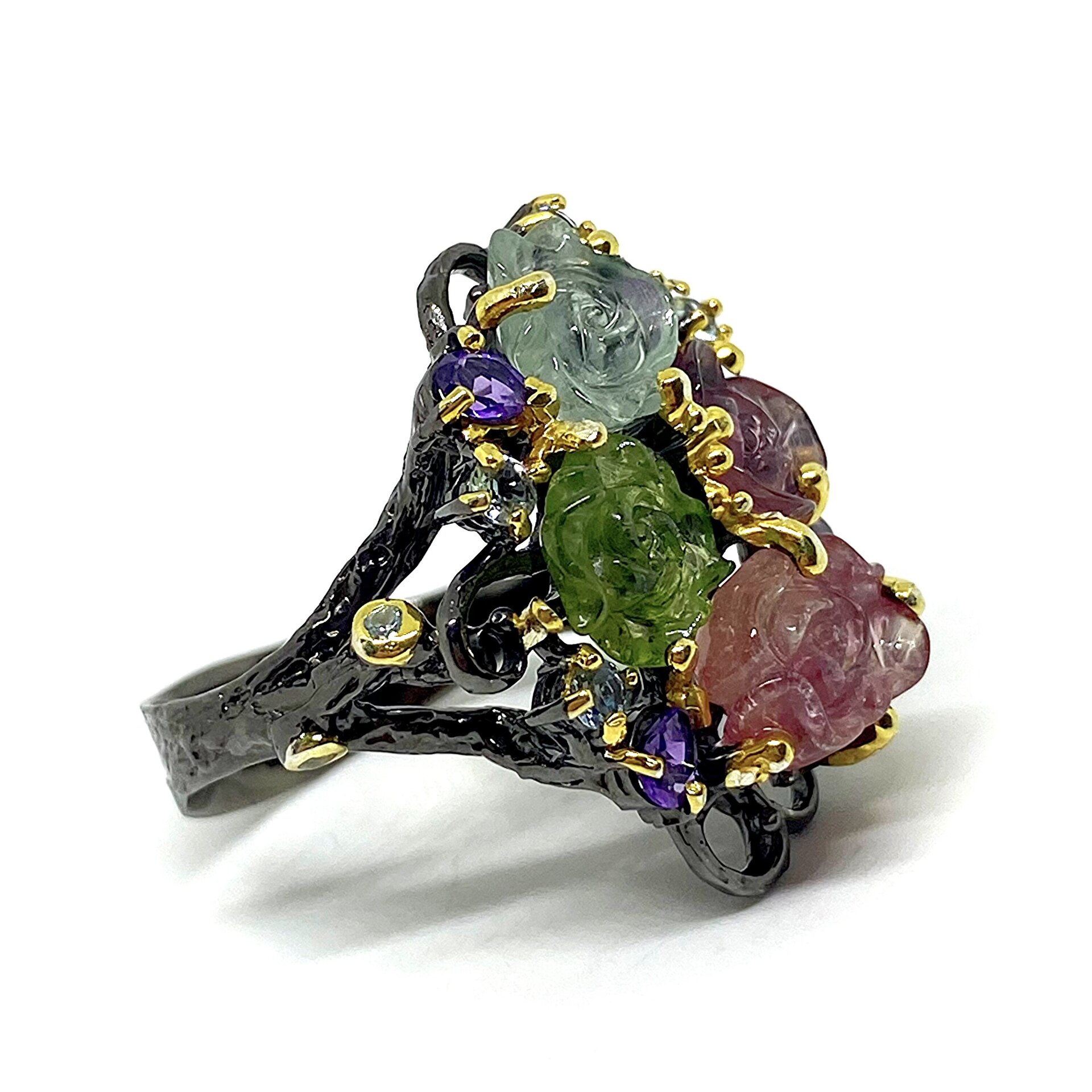 Increíble y gran anillo con preciosos Topacios, Amatistas y con varias Turmalina - 4