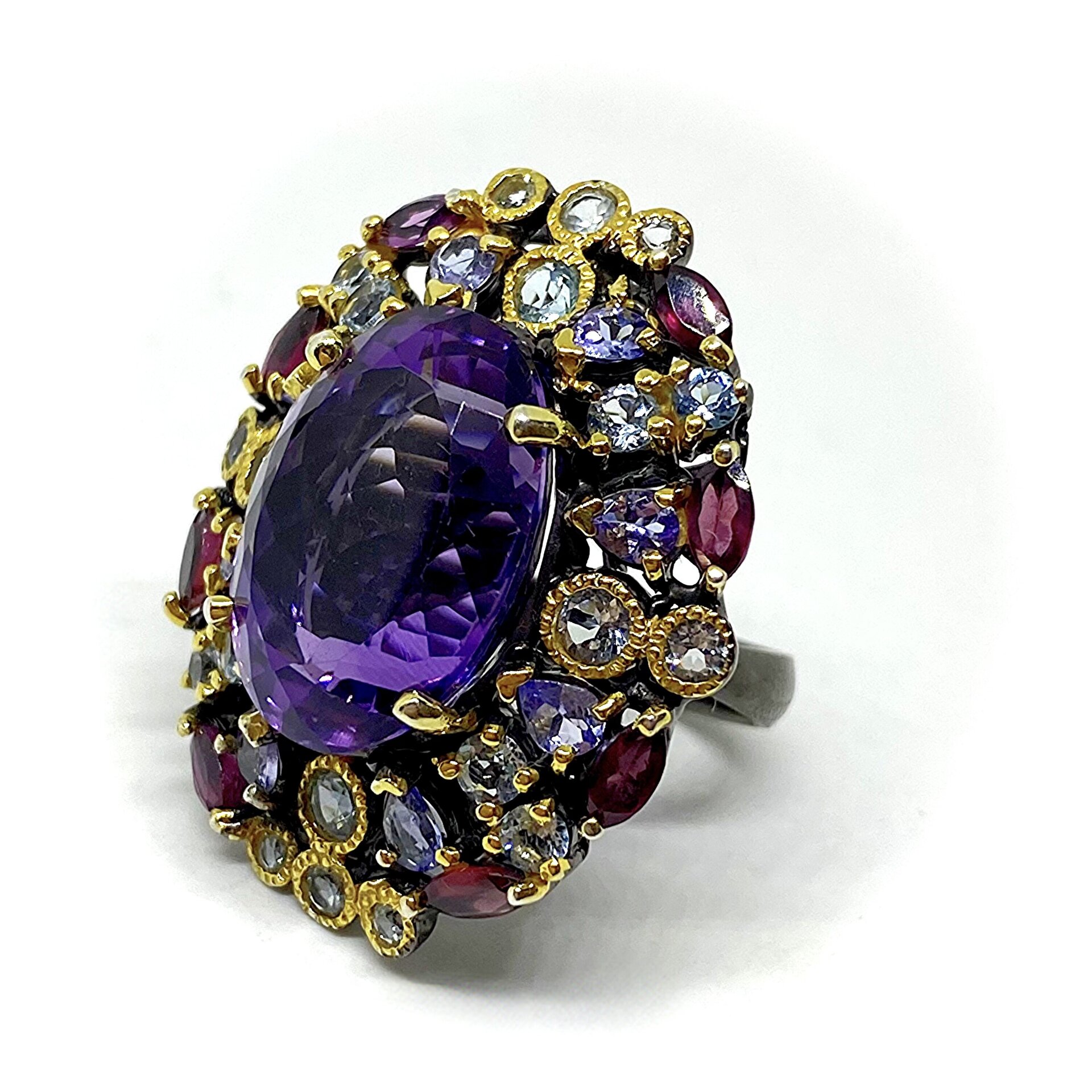 Precioso y enorme anillo con preciosos Granates Rodolitas, Topacios y Tanzanitas - 6