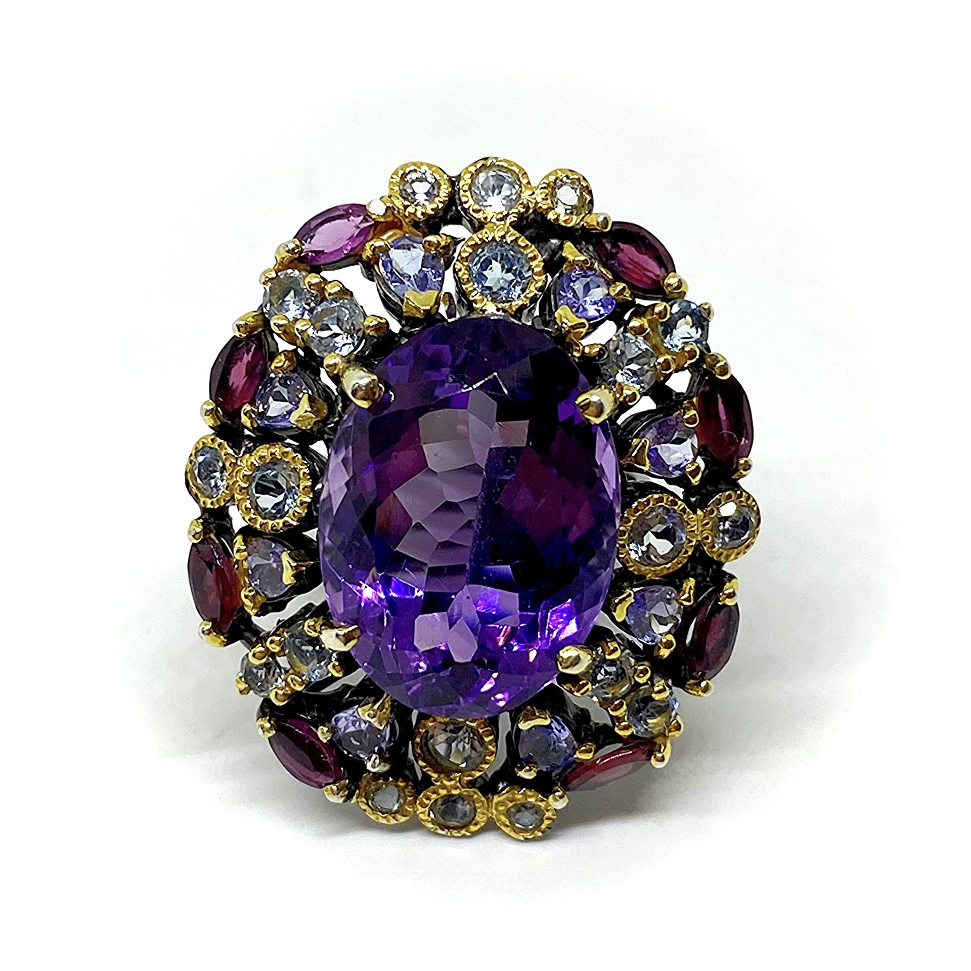 Precioso y enorme anillo con preciosos Granates Rodolitas, Topacios y Tanzanitas - 4