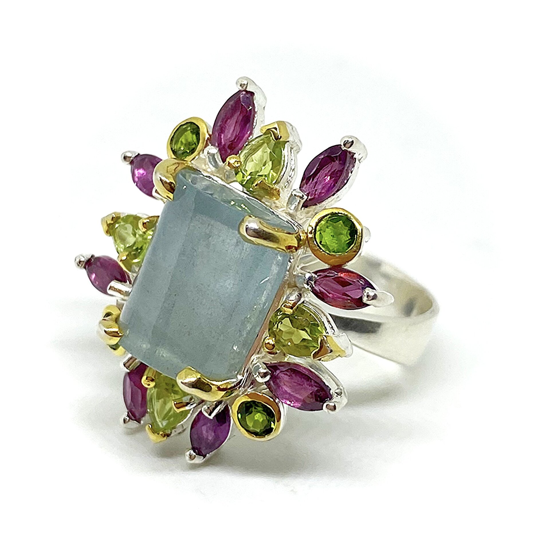 Precioso anillo con preciosa Aguamarina central de 12 mm x 9 mm en talla cabujón - 5