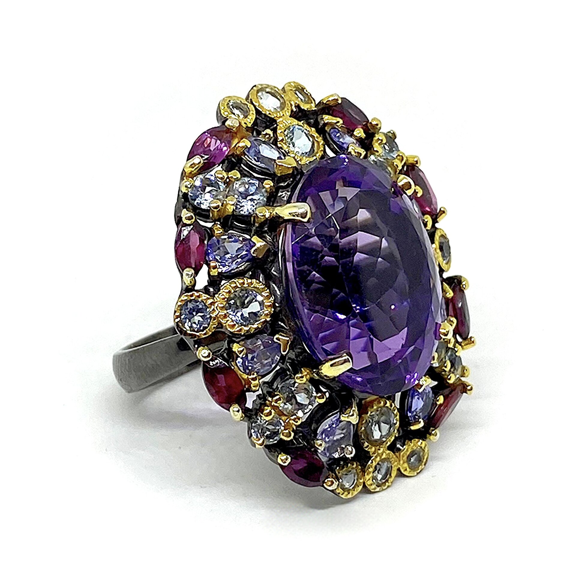 Precioso y enorme anillo con preciosos Granates Rodolitas, Topacios y Tanzanitas - 2