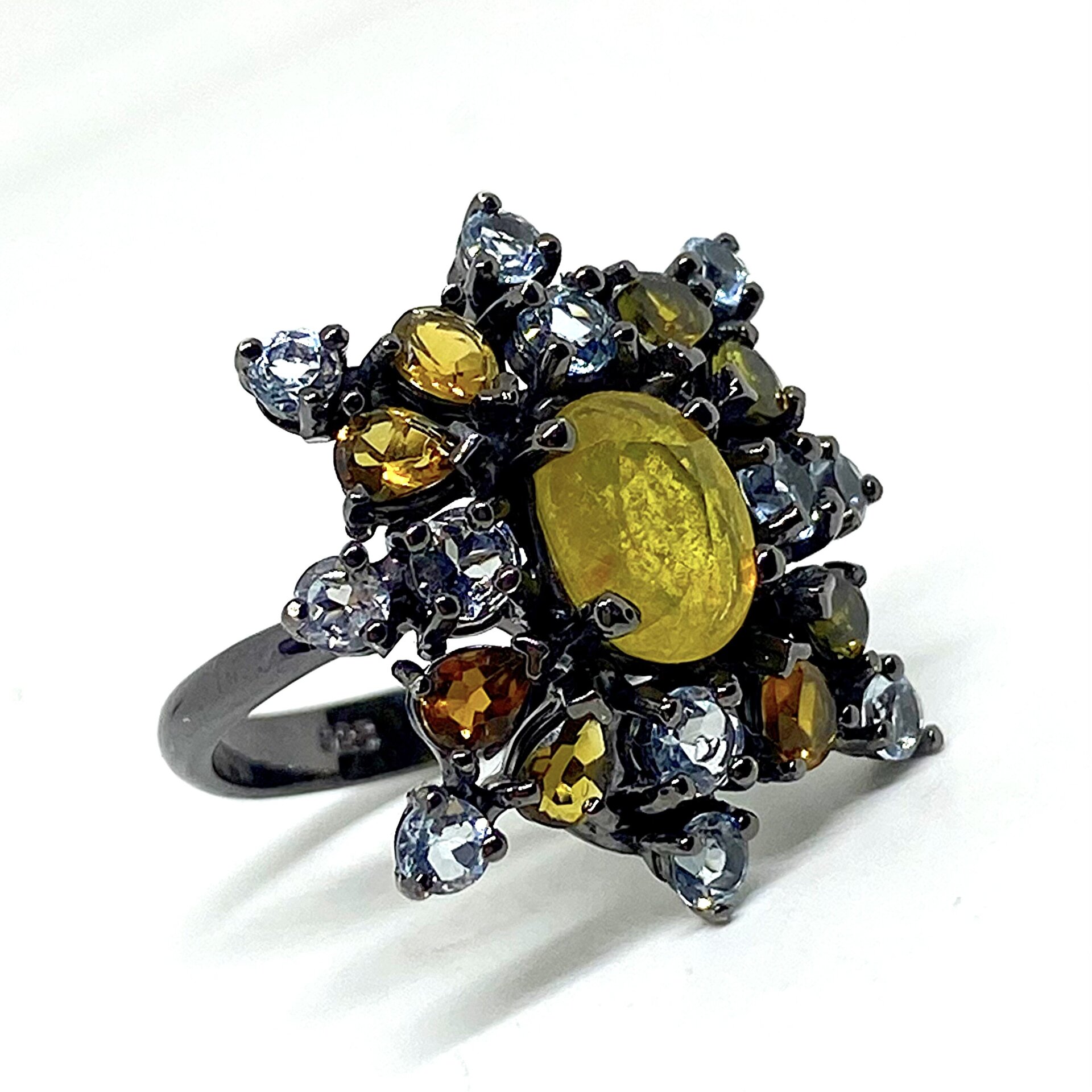 Exclusivo anillo con preciosas Turmalinas, Topazios y Zafiro amarillo centra - 2